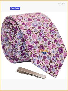 Skinny Tie Floral Cotton Necktie with Tie Bar Clip Set for Weddings